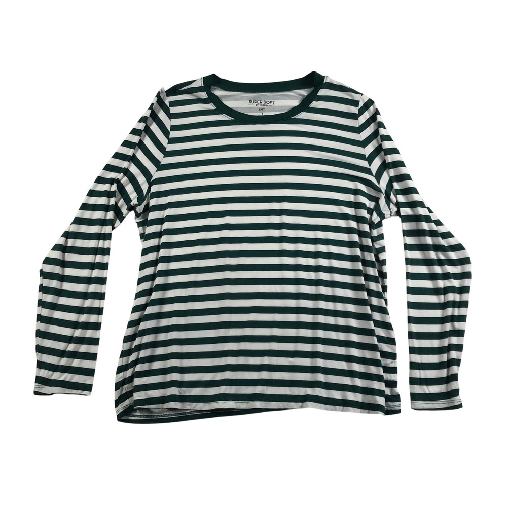 Torrid Super Soft Green White Striped Long Sleeve Knit Top Size 1 XL Crew Neck